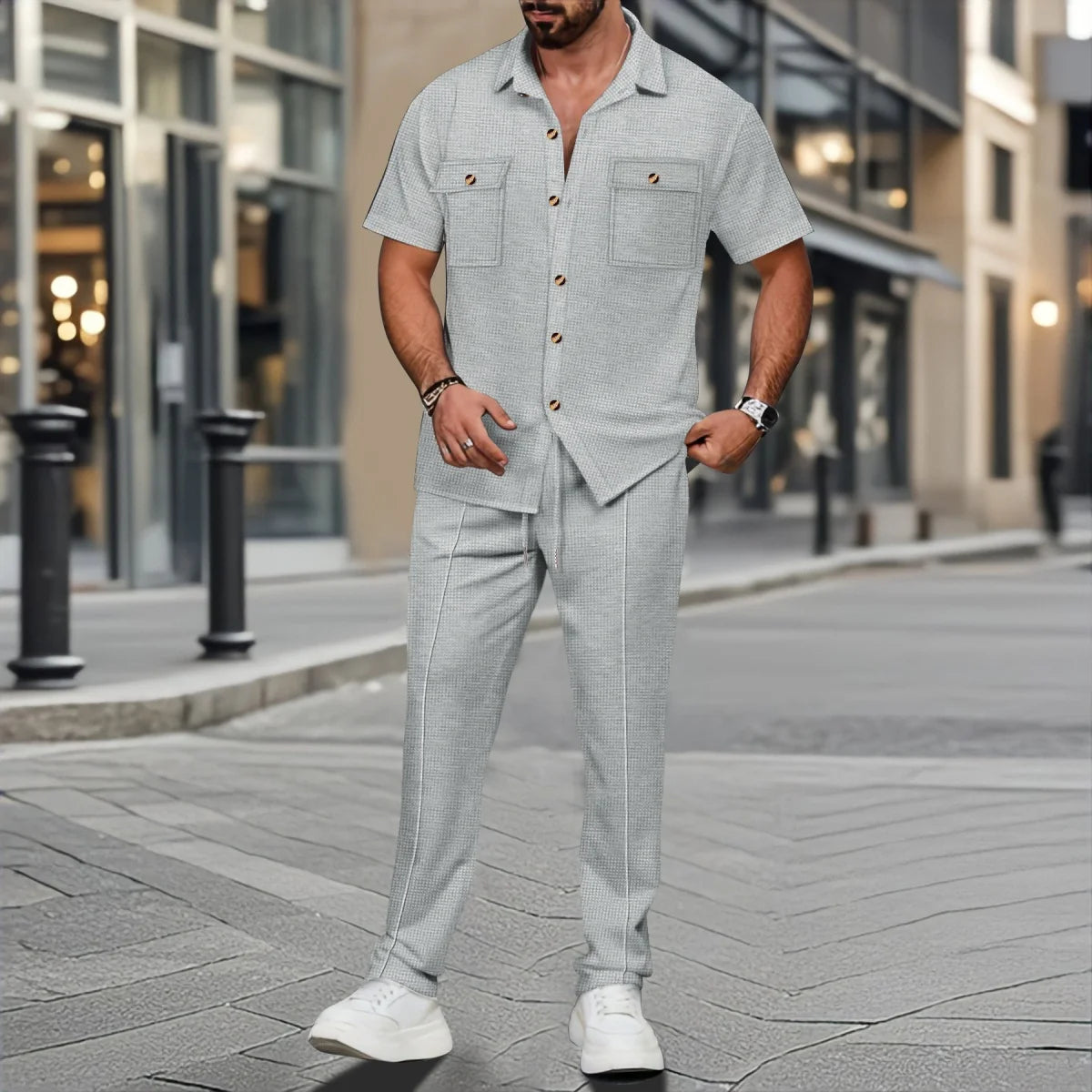 2025 Men's summer Waffle new suit button pocket shirt short sleeve trousers fashion casual breathable two-piece set
