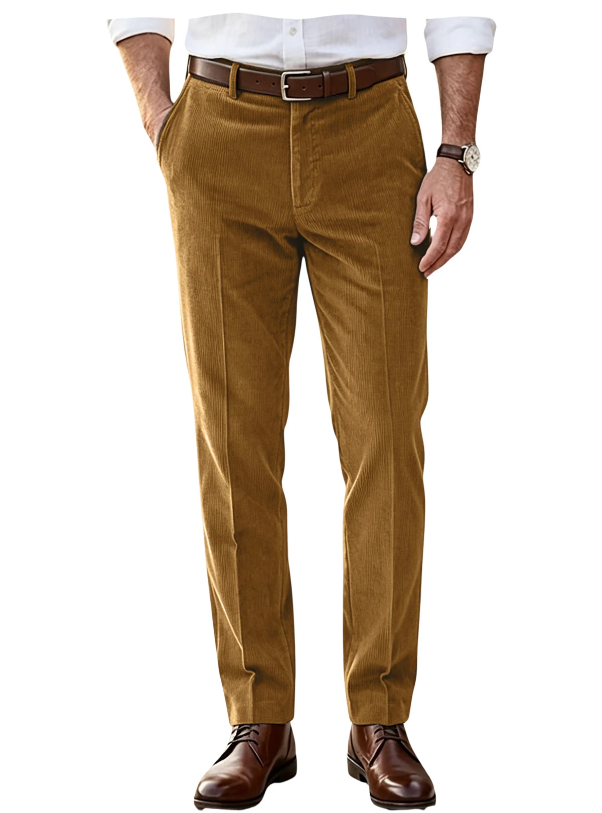 Men's Khaki Corduroy Pants Straight Leg Classic Fit Elastic Waist Comfort Wrinkle Resistant Formal Trousers For Business Office
