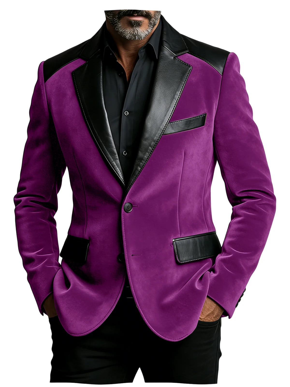 Men's Velvet Blazer with Leather Patchwork Slim Fit Two Button Peak Lapel Suit Jacket for Business Wedding Party Flap Pockets