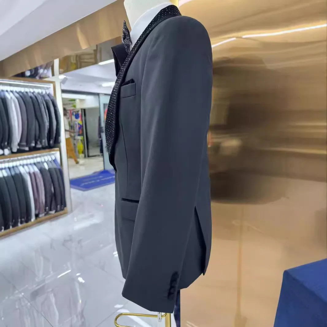 Deluxe Men's Suit with Diamond 3-piece Groom's Tuxedo Shawl Lapel Party Ball Blazer Slim-fit Dinner Wedding Dress