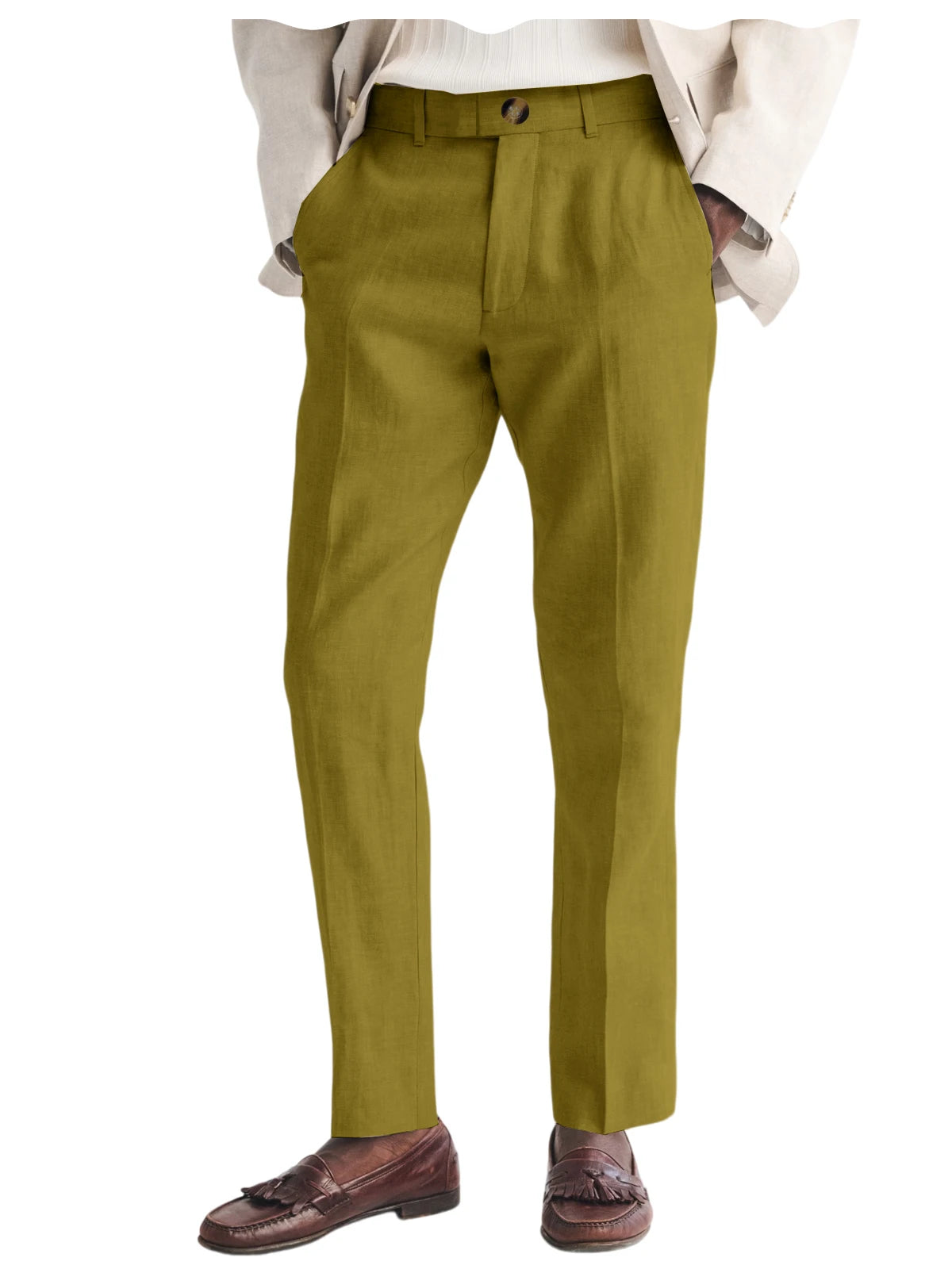 Men's Linen Straight Fit Pants Wrinkle-Resistant Lightweight Breathable Flat-Front Casual Trousers Expandable-Waist For Summer