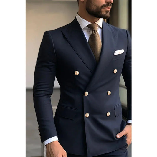 Chic Men's Suits Navy Blue Peak Lapel Double Breasted Elegant Groom Full Set 2 Piece Jacket Pants Skinny Costume Homme Terno