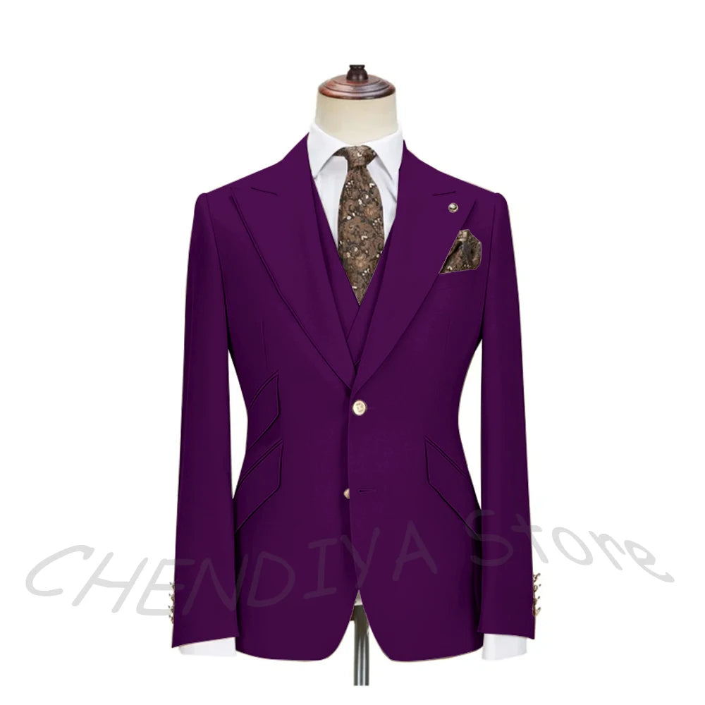 Solid Color Men's Suits 3 Piece (Blazer+Pants+Vest) Fashion Peak Lapel Single Breasted Prom Male  Business Casual Clothing
