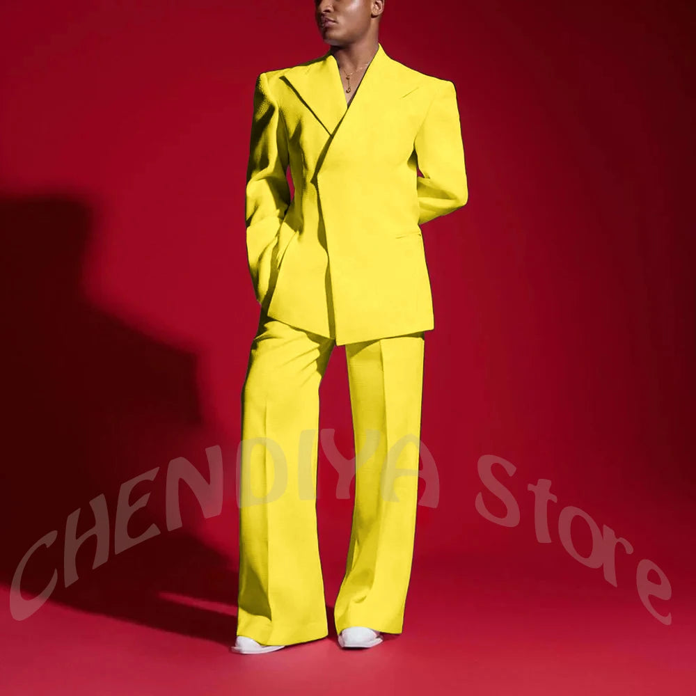 Elegant White Men Suit Peak Lapel Handsome Casual Male Clothing Two Pieces Jacket Pants Banquet Party Suits Set Straight