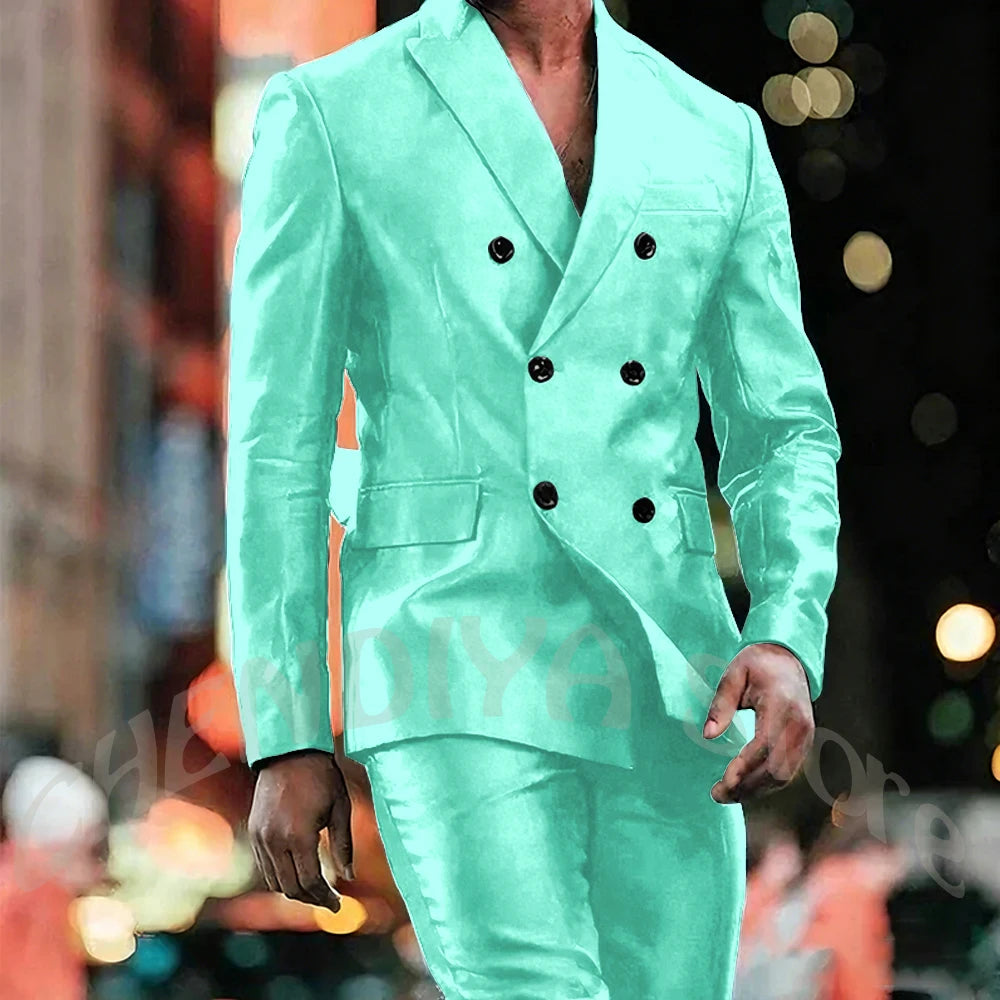 Elegant Satin Men Suit 2 Pieces Peaked Lapel Handsome Tailor-Made Custom Man Fashion Clothes Set Smart Casual Jacket Pants