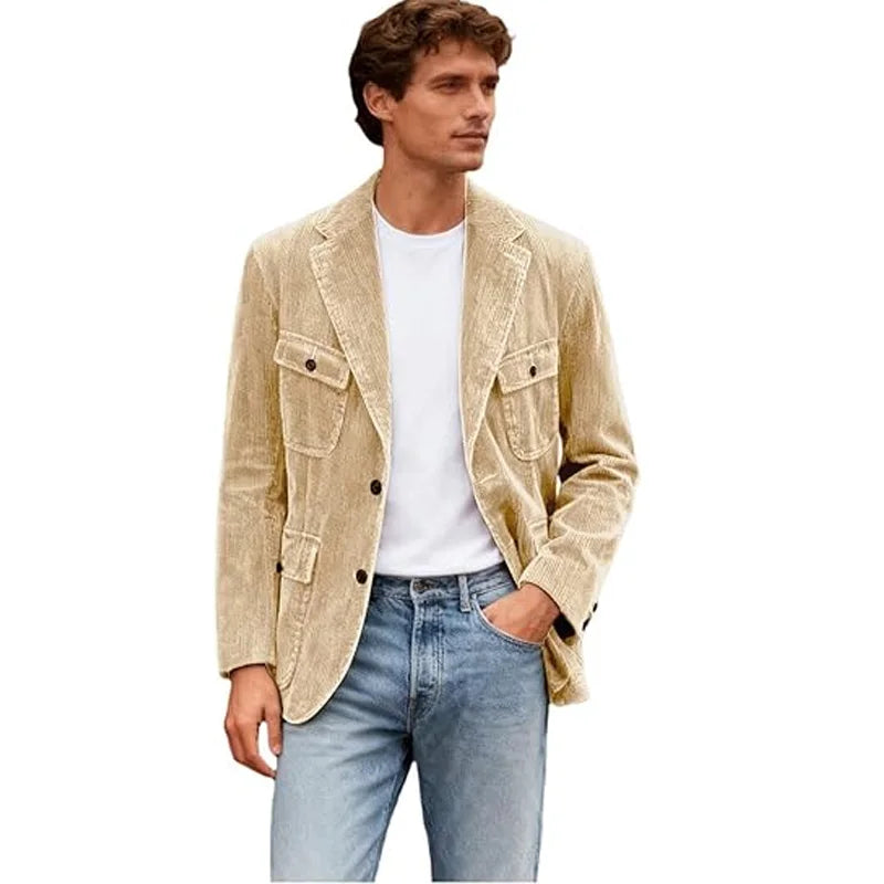 Vintage Men's Corduroy Casual Blazer Slim Fit Solid Color Black Brown Fashion Single Breasted Outerwear Customized Male's Jacket