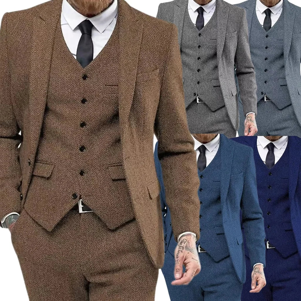 Retro Herringbone Suit for Men Stylish Vintage Tuxedo Set 3 Pieces Blazer Vest and Pant Set for Wedding Business Evening Party