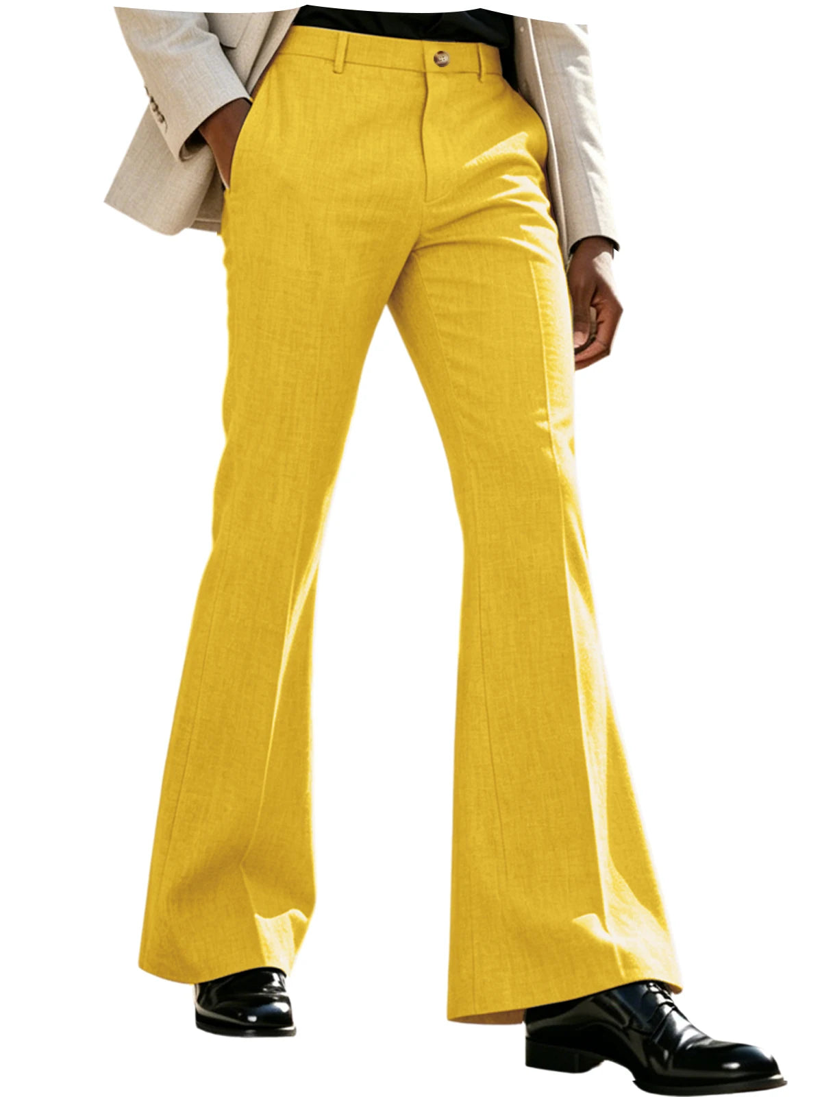 Men's Beige Linen Flare Pants High Waist Bell Bottom Lightweight Wrinkle Resistant Slim Fit Trousers For Summer Business Casual