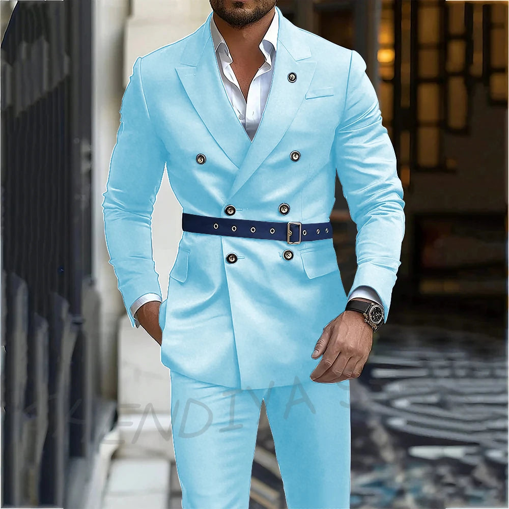 Navy Blue Men's Suit Classic Peak Lapel Blazer Double Breasted Formal Set Two Piece Business Casual Male Clothing Without Belt