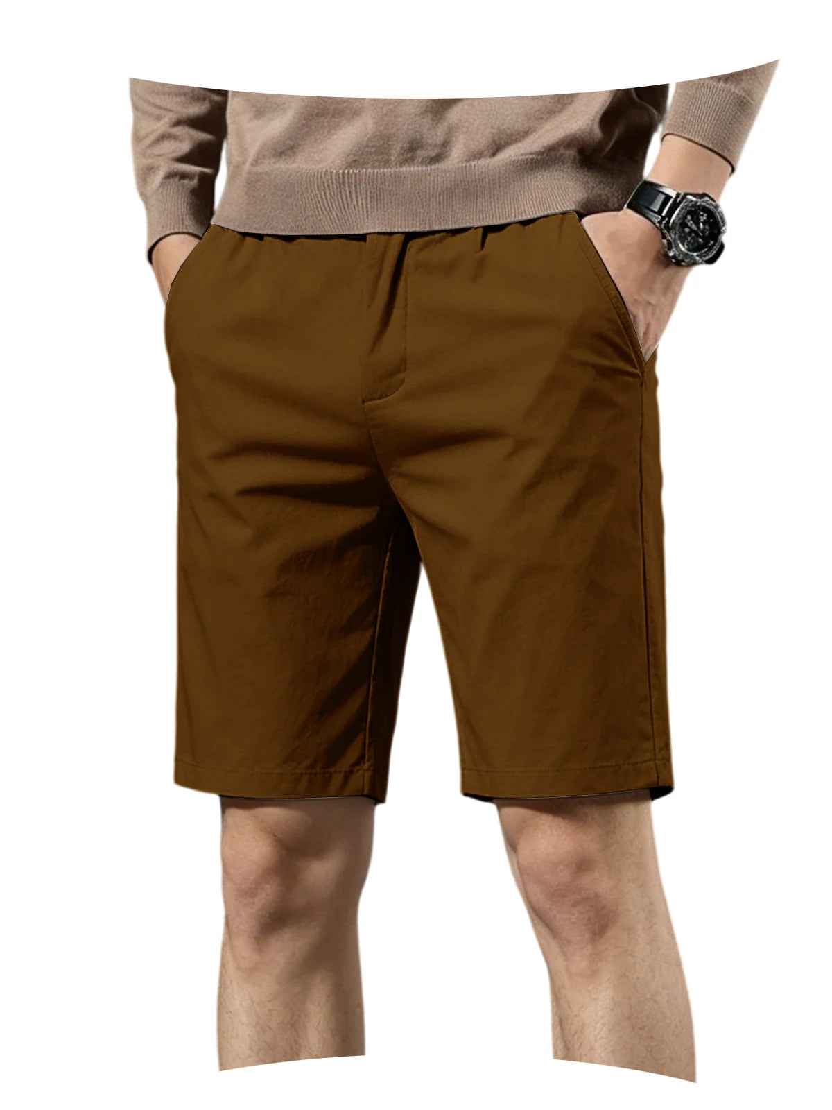 Men Cotton Solid Knee Length Bermuda Shorts Straight Chino Shorts Front Back Pockets Breathable Summer Beach Daily Casual Shorts