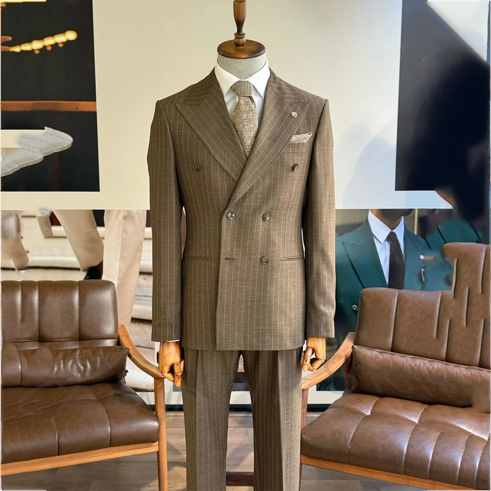 Business Striped Men Suit Set Two Pieces High Quality Peaked Lapel Double Breasted Formal Outfit Jacket Pants Customized