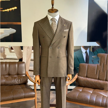 Business Striped Men Suit Set Two Pieces High Quality Peaked Lapel Double Breasted Formal Outfit Jacket Pants Customized