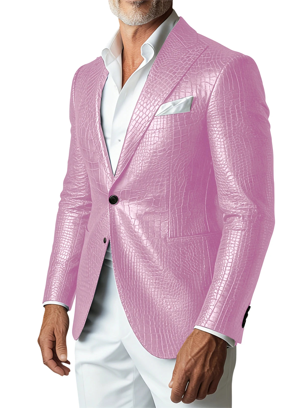 Men Elegant Brown Crocodile PU Leather Blazer Shawl Lapel Long Sleeve Pocket With Belt Business Casual Male Fashion Suit Jacket