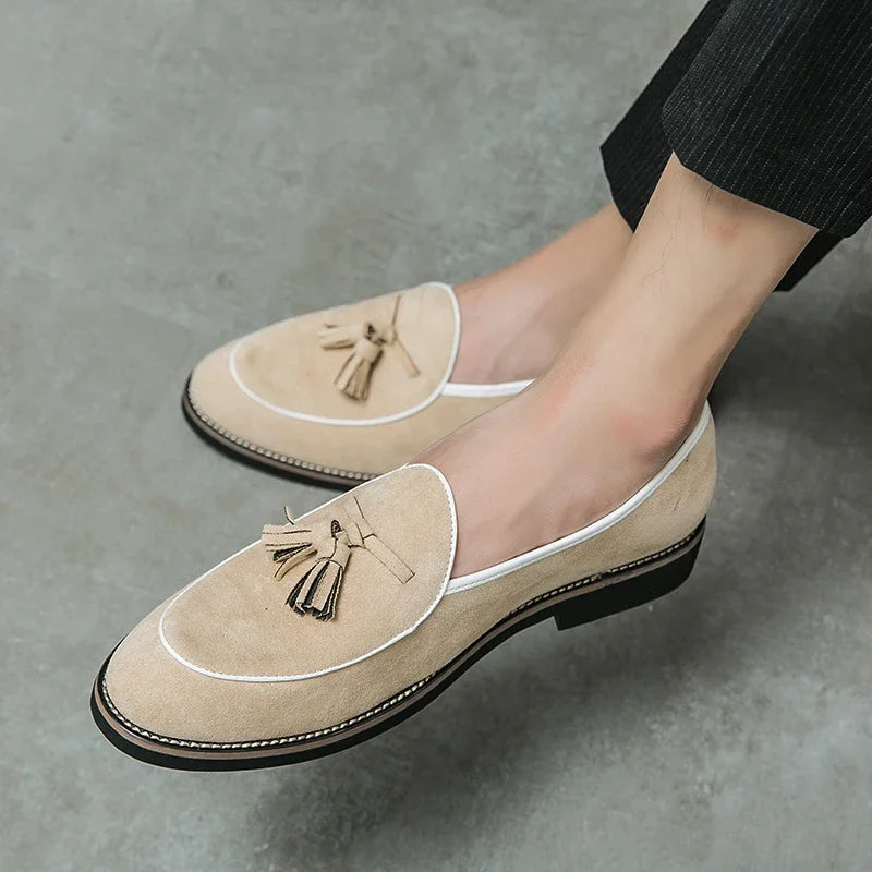 Italian Luxury Brand Suede Men's Tassel Design Loafers Slip-on Handmade High Quality Nubuck Leather Shoes Pointed Toe Thick Sole