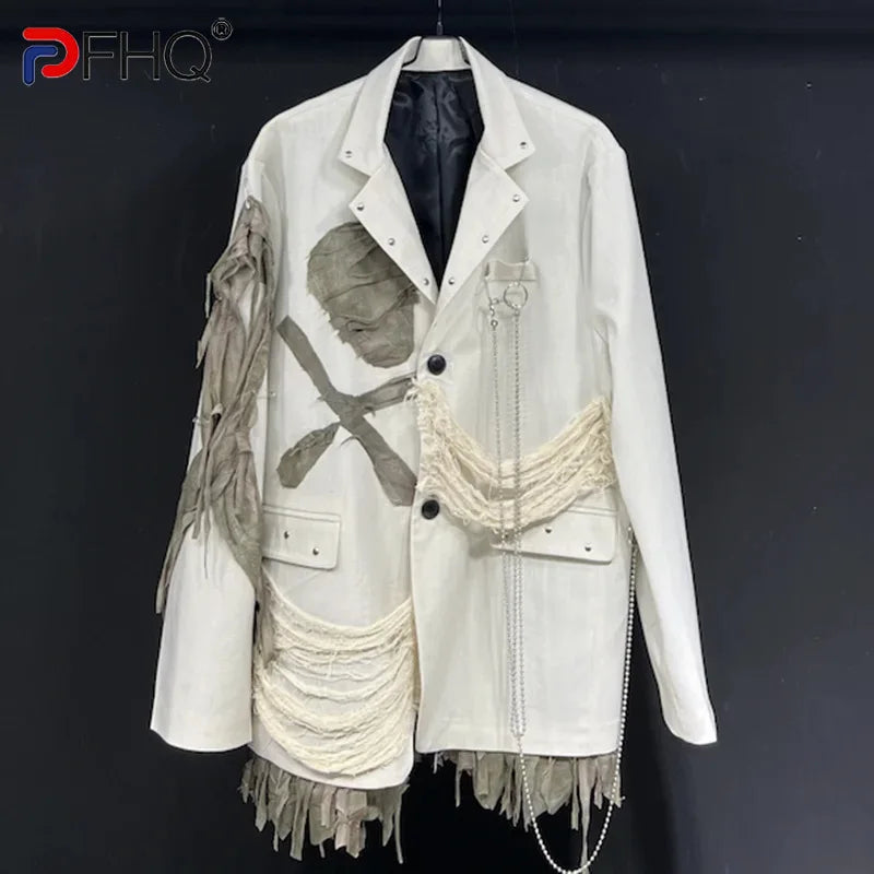 PFHQ Men's Fake 2-piece Patchwork Blazers Handsome Solid Color Single Breasted Worn Out Chain Design Suit Jackets Summer 21Z4541