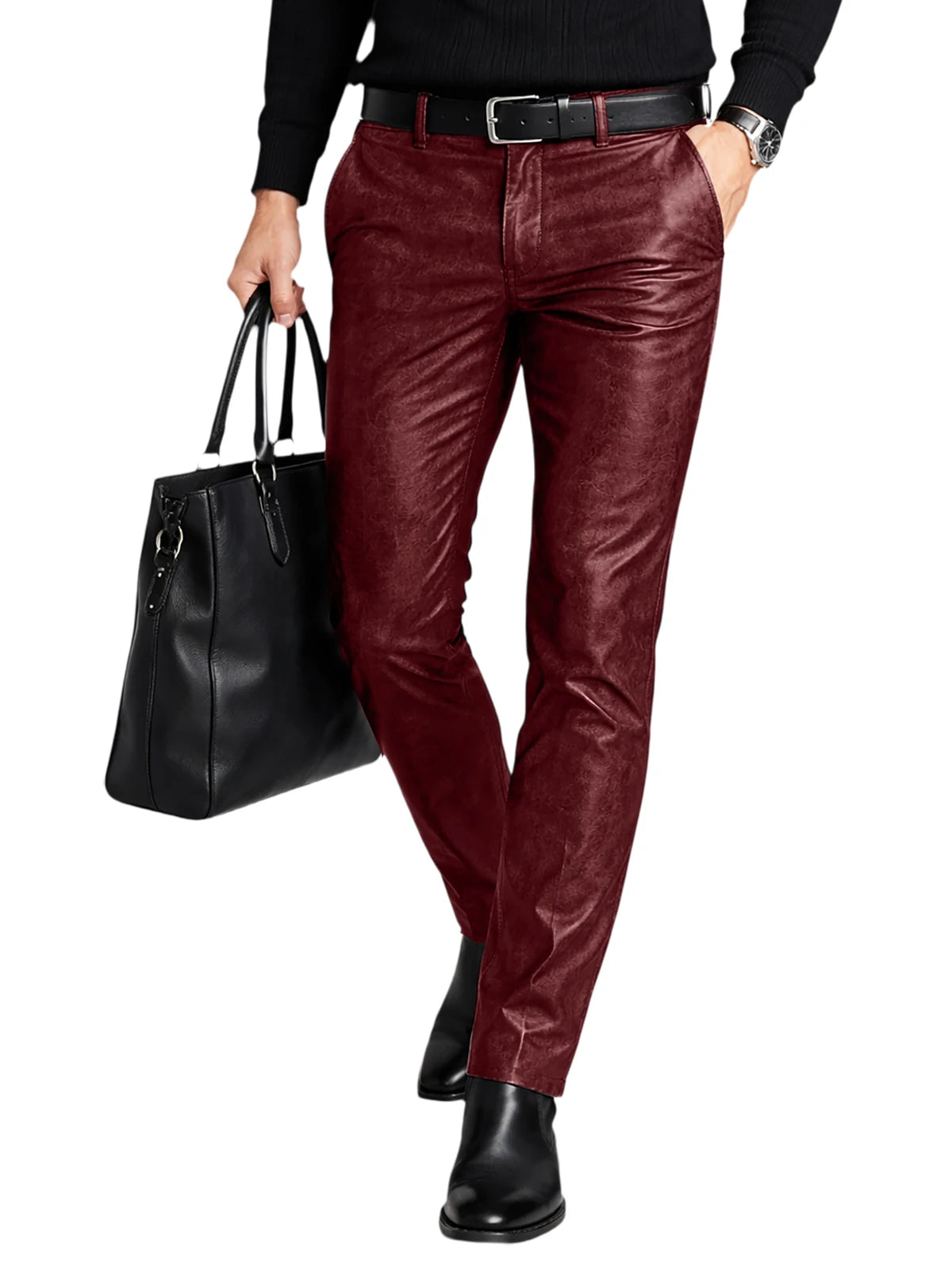 Men's Faux Leather Straight Leg Pants Slim Fit Business Casual Trousers Streetwear For Daily Office Travel