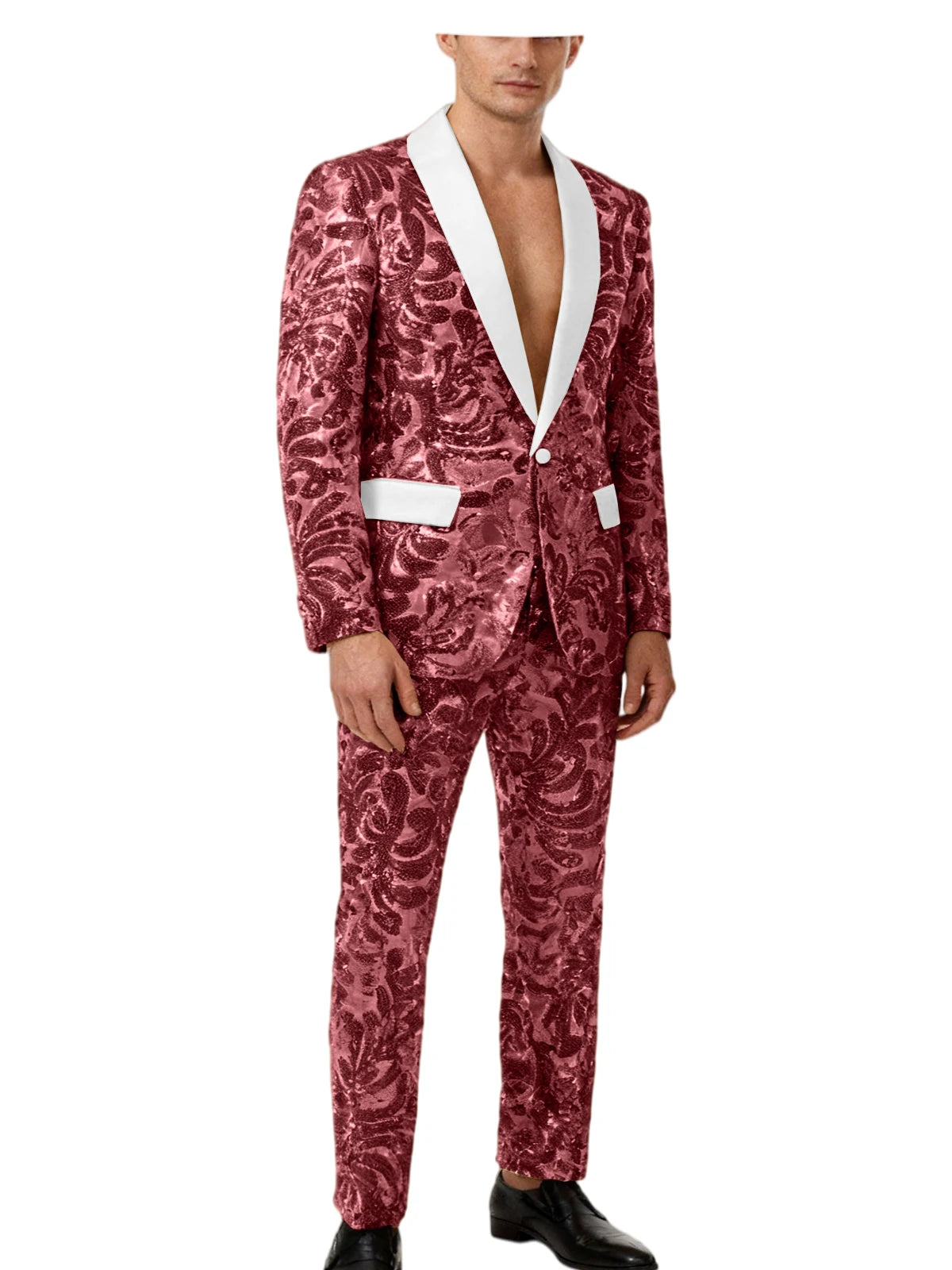 Men's Sequin Paisley Tuxedo Set Suit White Satin Shawl Lapel Slim Fit 2 Piece Blazer+Pants For Wedding Prom Party Suit Plus Size