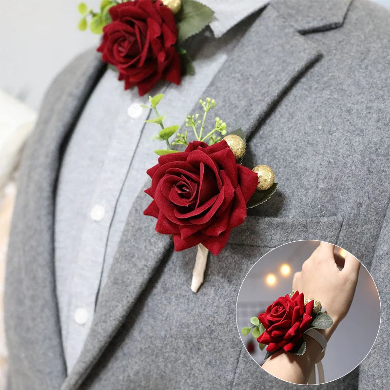 Wedding Boutonniere Bride bridesmaid Wrist Corsage Groom Pins Wrist Corsage Flower Silk Red Simulation Rose Boutonniere