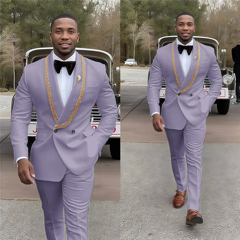Handsome Men's Suits Double Button Shawl Lapel Solid Color Outfit Man Set 2 Piece Casual Daily Office Prom Male Clothing