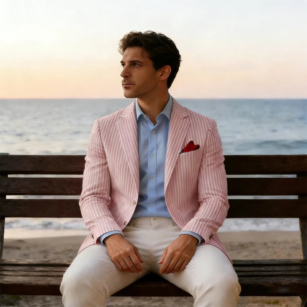 Men's Seersucker Striped Blazer Classic Slim Fit Notch Lapel Business Casual Suit Jacket For Beach Vacation Summer
