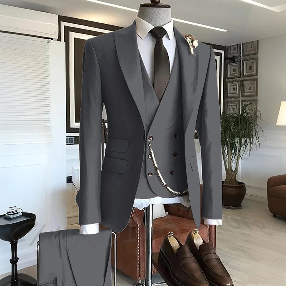 Men's Suit Formal Set 3 Piece Chic Single Button Peak Lapel Slim Fit Outfit Jacket Pants Vest High Quality Business Casual