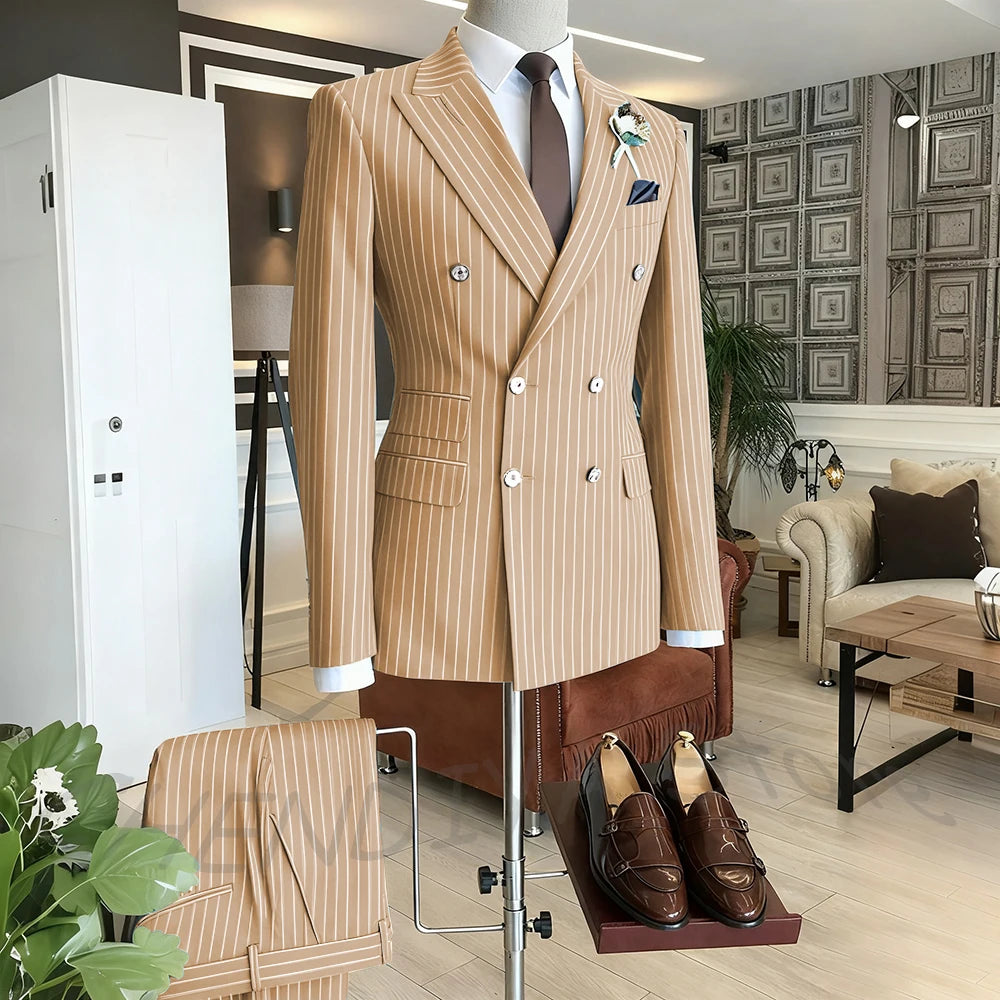 Brown Striped Men Suits Double Breasted Formal Outfits 2 Piece Male Clothing Business Casual Tailored Party Prom Jacket Pants