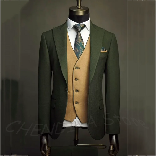 Business Suit For Men Work Slim Fit Peaked Lapel Single Button Formal Outfit Three Pieces British Style Chic Clothes Set