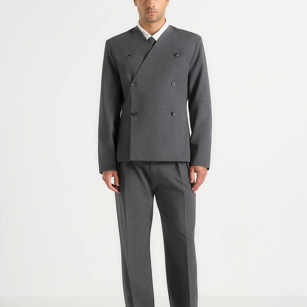 Classic Gray Suit For Men Double Breasted Elegant Outfit Set Two Piece Straight Business Casual Wedding Suit Jacket Pants