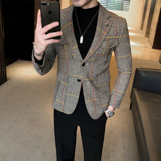 Vintage Plaid Blazer Britisch stilvolle männliche Blazeranzug Jacke Business Casual Blazer Jacke Terno Maskulino Herren Blazer Muster