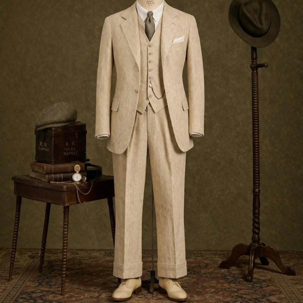Linen Wedding Tuxedo For Summer Party 3 Pieces Beach Men Suits Slim Fit Groom Blazer Trousers Vest Set costume homme