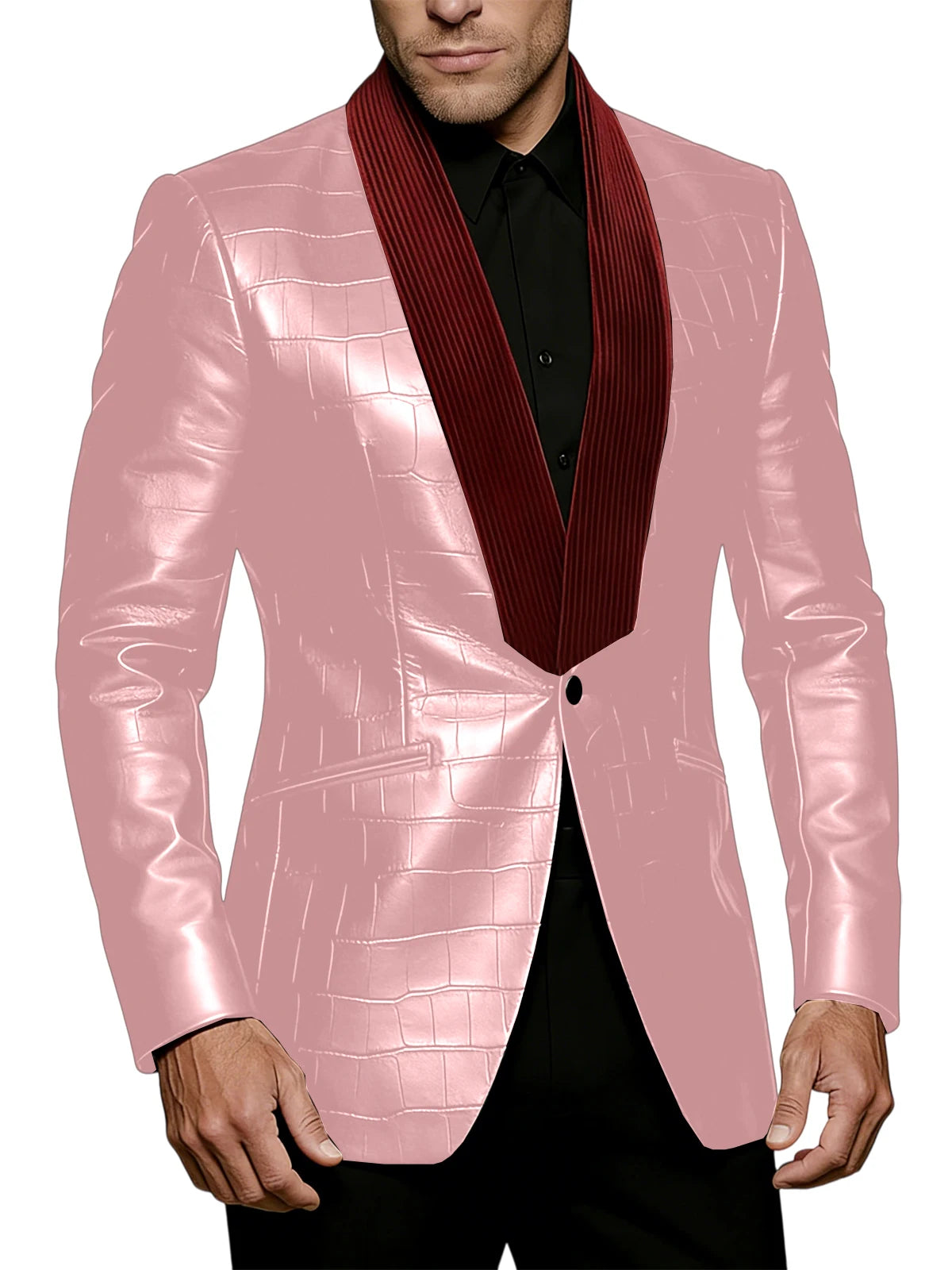 Men's Crocodile Pattern Leather Blazer Corduroy Patchwork 1 Button Shawl Collar Suit Jacket Slim Fit Business Formal Outerwear