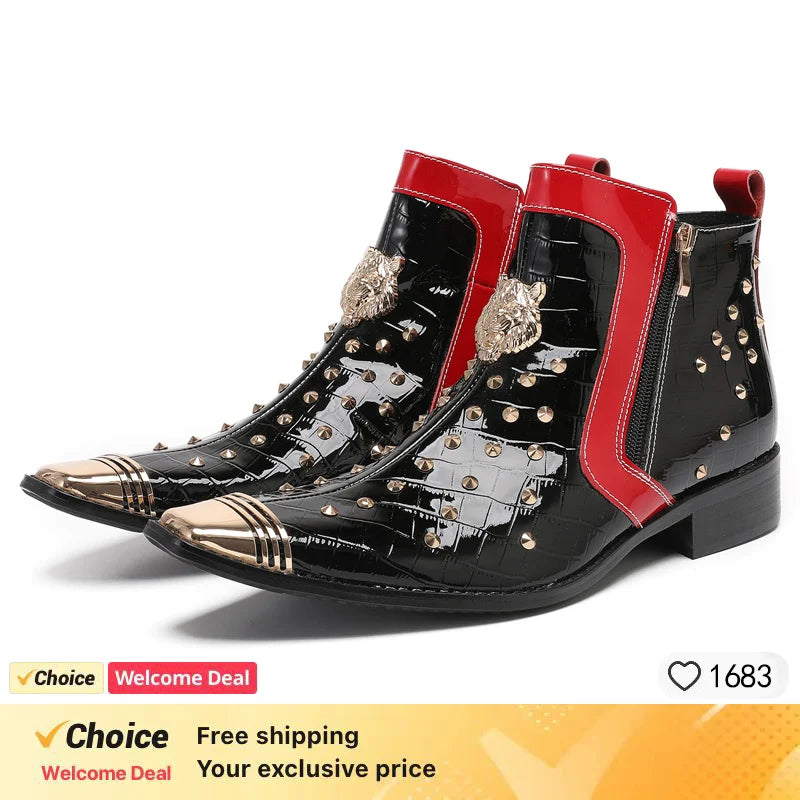 Italian Type Handmade Men's Boots Pointed Iron Toe Genuine Leather short Boots Botas Hombre Punk Party Red motorcycle man Boots