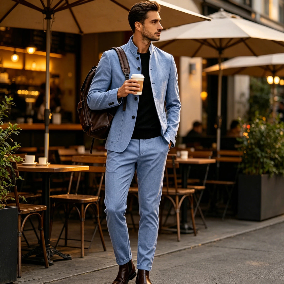 Men's Linen Stand Collar Suit 2-Piece Blazer & Pants Set Slim Fit Business Casual Tuxedo Jacket Trousers Formal Wedding Outfit