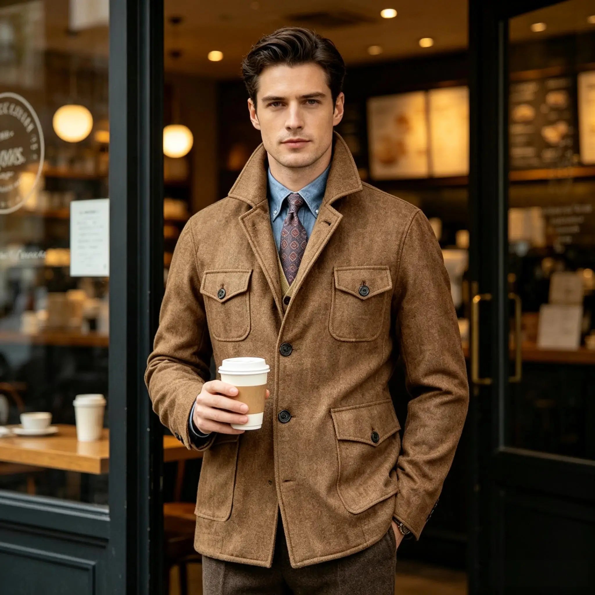 Men Woolen Blend Jacket Multi Flap Pockets Single Breasted Turn Down Collar Casual Outdoor Business Streetwear Outerwear