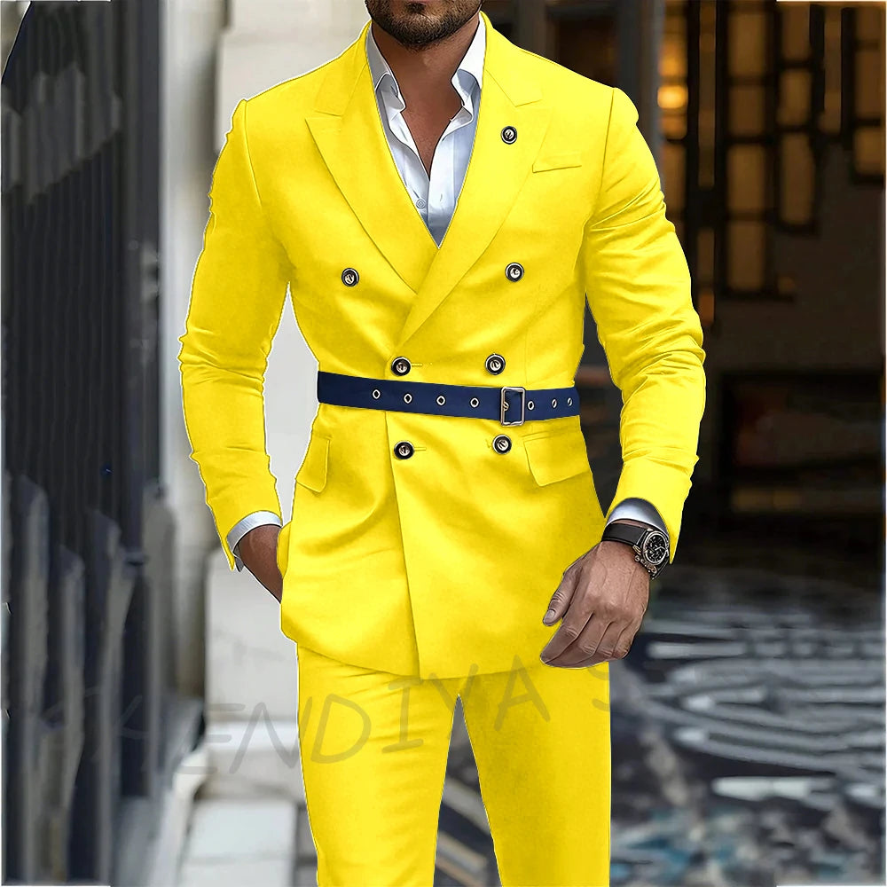 Navy Blue Men's Suit Classic Peak Lapel Blazer Double Breasted Formal Set Two Piece Business Casual Male Clothing Without Belt