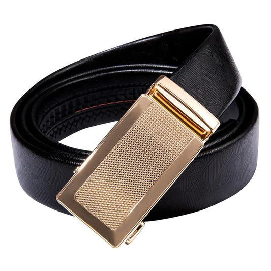 Hi-Tie 2023 New Gold Automatic Buckles Mens Belts Black Genuine Leather Ratchet Waist Belt For Men Dress Jeans Wedding Party