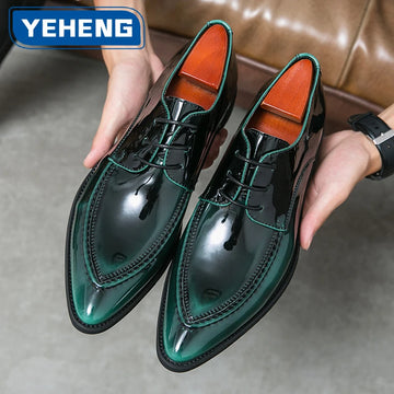 Classic Men Tuxedo Wedding Shoes Luxury Gradient Green Shiny Patent Leather Derby Shoes Pointed Toes Formal Business Dress Shoes
