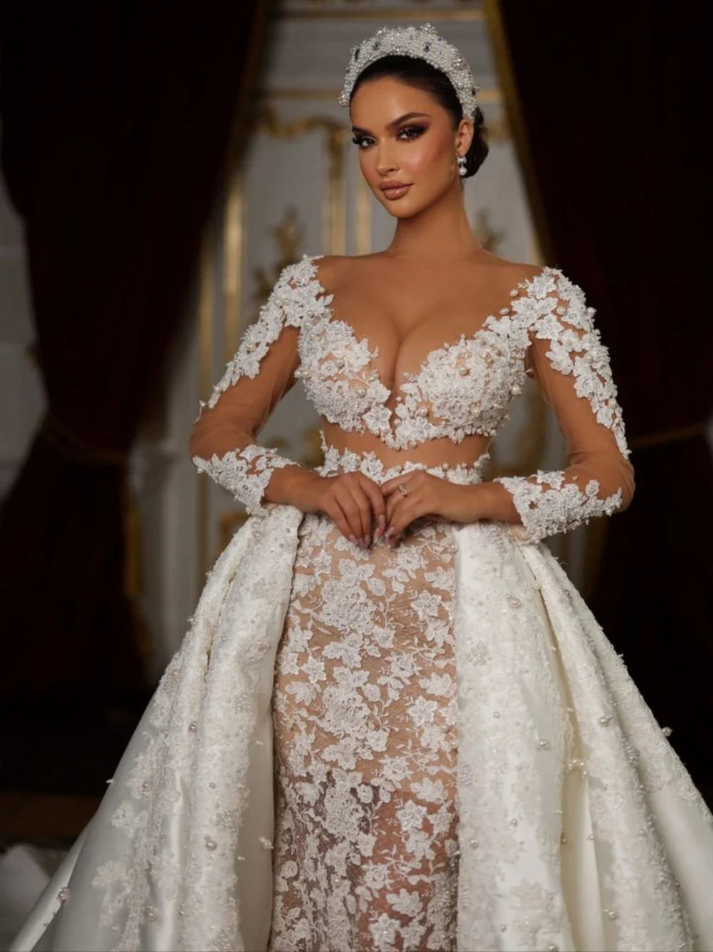 Romantic Ball Gown Weeding Dress V-neck Appliques Pearls Bride Robe Luxury Long Sleeve Bridal Dresses Vestidos De Novia