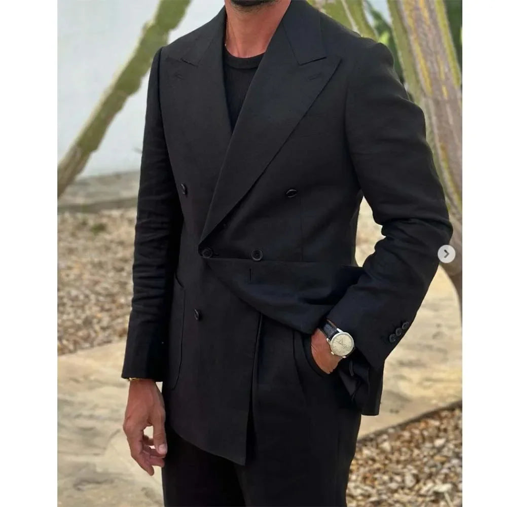 Fashion Men's Suits Black Notch Lapel Double Breasted Classic Smart Casual 2 Piece Prom Party Wedding Tuxedo Slim Costume Homme