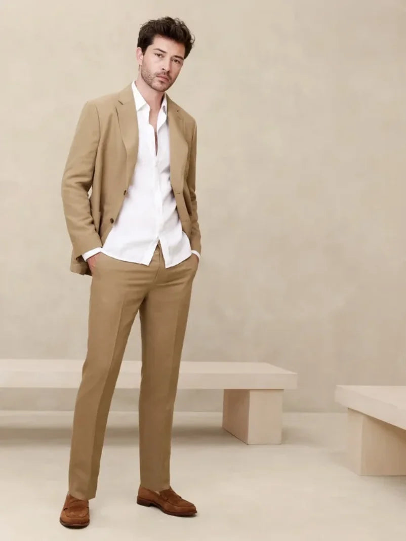 2 Piece Khaki Brown Linen Casual Men Suit Smart Business Jacket Prom Elegant Blazer Sets Custom Slim Fit  Tuxedo Costume Homme