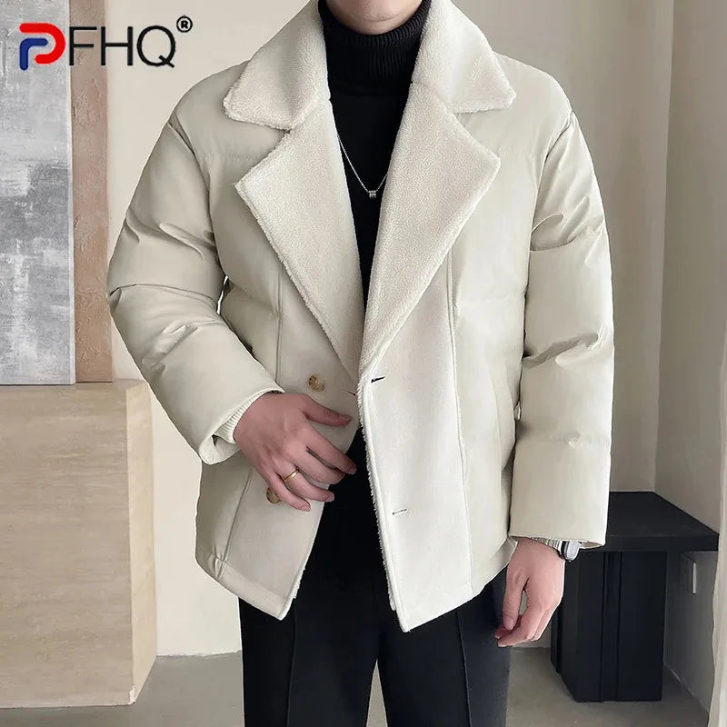 PFHQ Winter Lamb Wool Collar Thick Cotton Coat Jacket 2024 Long Sleeve Patchwork PU Leather Coat Luxury Male Tops Fashion