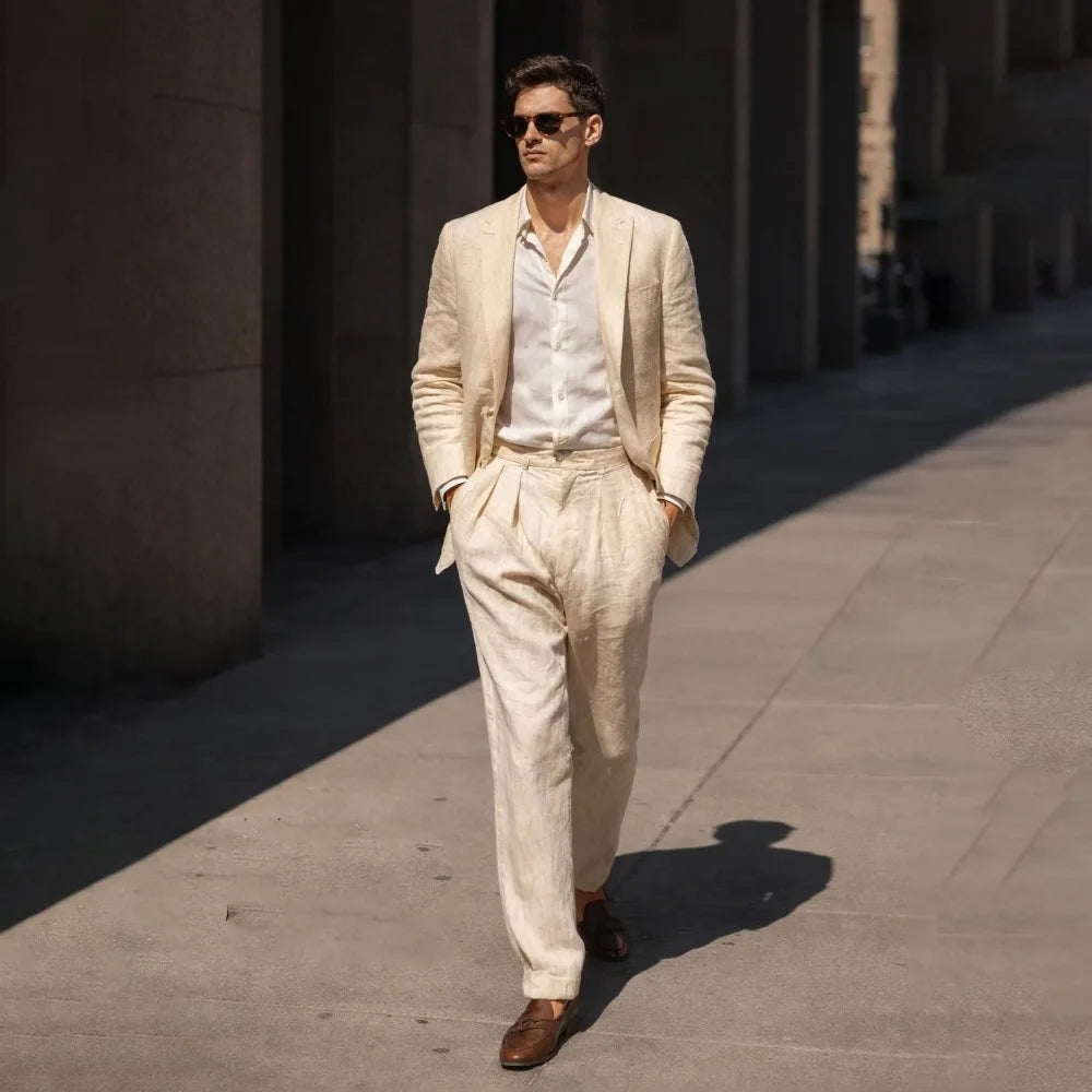 Beige Linen Prom Suits for Men 2 Pieces Wedding Tuxedo Slim Fit Groom Blazer Trousers Set Summer Formal Attire men suit set
