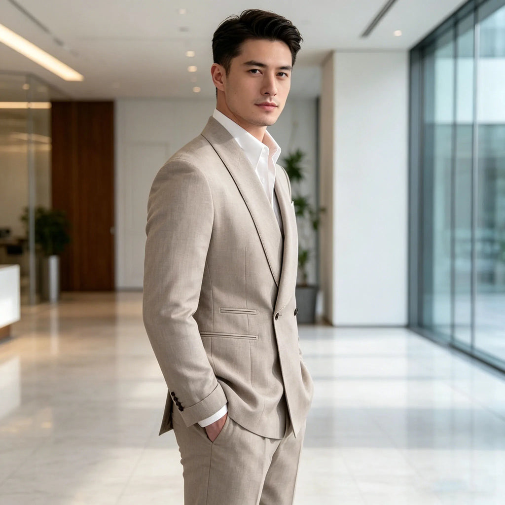 Men's Linen Suit 2-Piece Khaki Shawl Collar Double-Breasted Slim Fit Breathable Jacket and Pants Formal Set for Summer Business