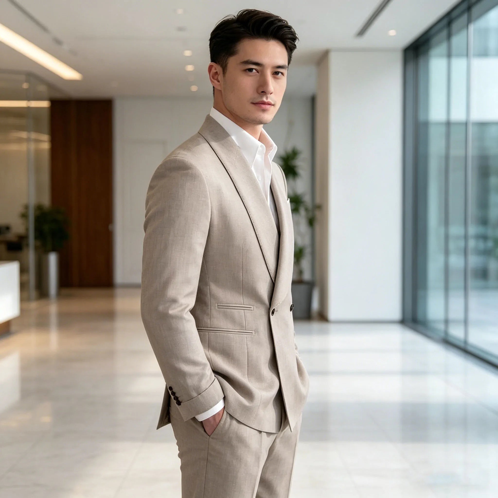 Men's Linen Suit 2-Piece Khaki Shawl Collar Double-Breasted Slim Fit Breathable Jacket and Pants Formal Set for Summer Business
