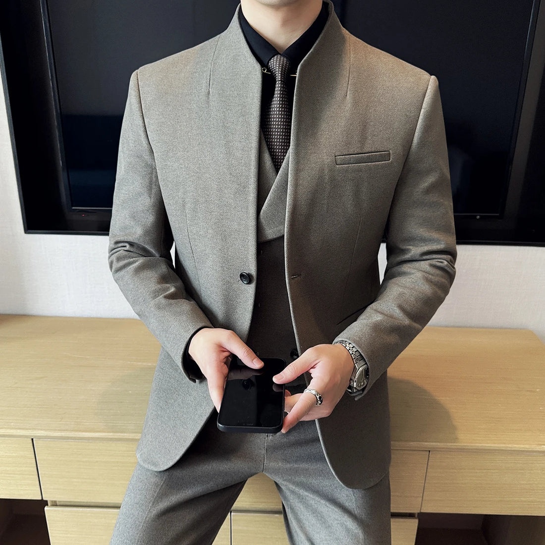 New Chinese Stand-up Collar Woolen Suit Autumn Winter Men's Business Casual Groom Wedding Slim Fit Suit Tuxedo ( Jacket+Pants )