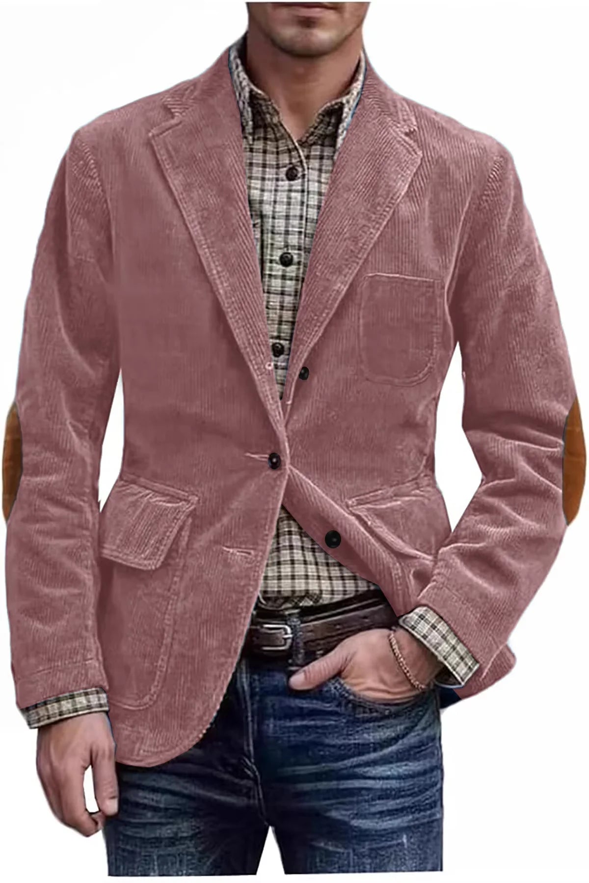 Men's Hunting Corduroy Blazer with Elbow Patches Vintage Tan Notched Lapel Casual Jacket British Slim Fit Daily Work Suit Coat