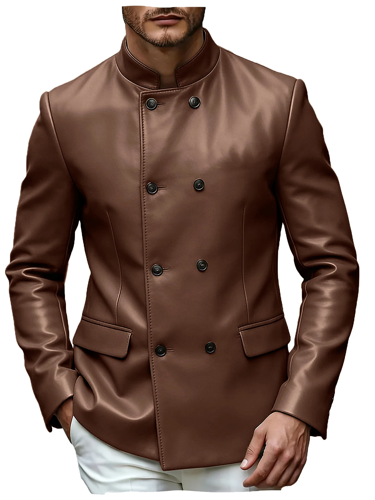 Men's Blazer Stand Collar Faux Leather Jacket High Quality Double Breasted Slim Fit Casual Coat For Business Office Outerwear