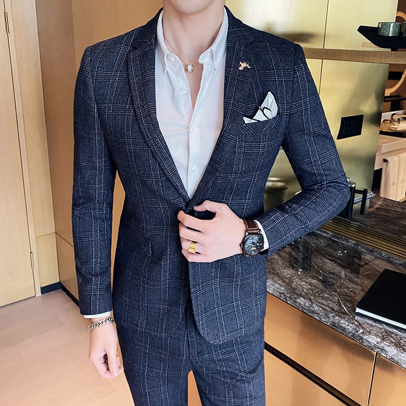 High Quality (suit + Trousers) British Style Casual Fashion Business Job Interview Wedding Dress Men's Slim Suit Two-piece Suit