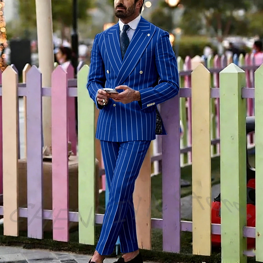 Light Purple Striped Men Suit England Style Peaked Lapel Double Breasted Classic Male Clothing Wedding Groom Tuxedo Custom Set