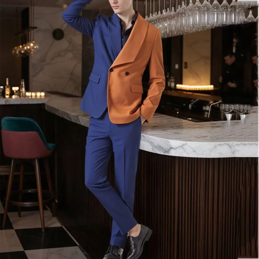 Tailor-Made Suit For Men Elegant Shawl Lapel Contrast Color New Design Male Clothing Double Breasted Wedding Groom Fashion Set
